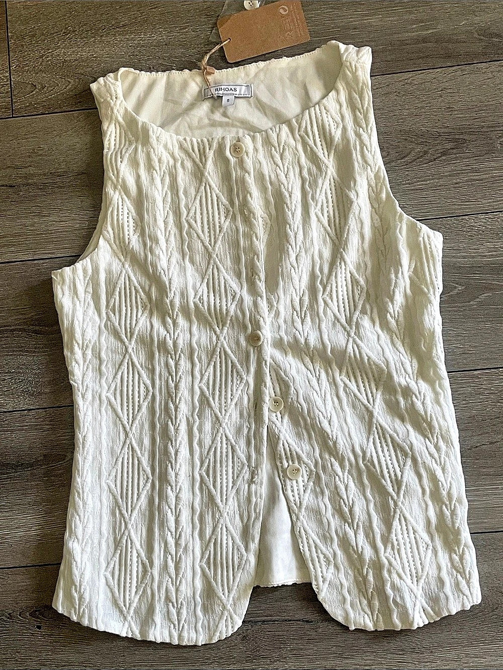 RIHOAS White Textured Boat Neck Button Vest Cream Small